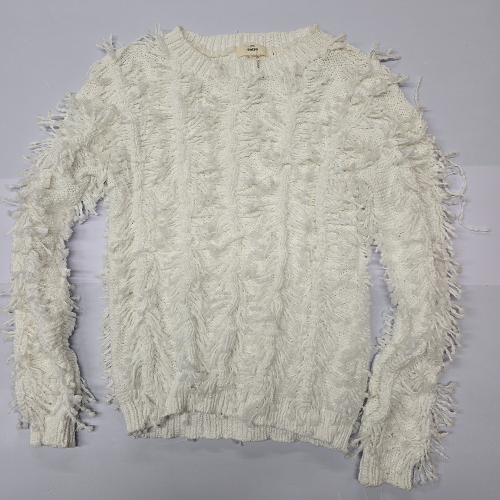 Anthropologie‎ Entro White Textured Fringe Sweater Women Size Medium